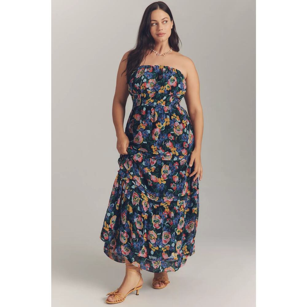New Anthropologie The Somerset Strapless Maxi Dress $178 Large Blue Floral - Picture 5 of 9
